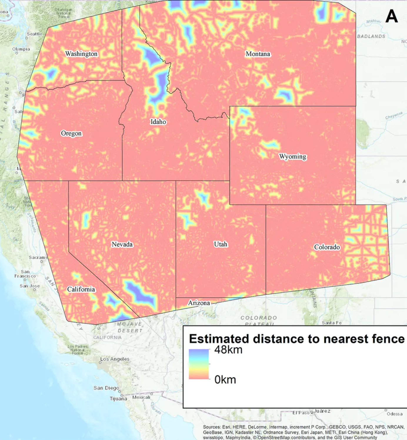 作者们收集了一组美国西部潜在围栏的保守数据。他们计算出到任何给定围栏的最近距离小于31英里(50公里)，平均距离约为2英里(3.1公里)。McInturff et al。2020年,CC BY-ND