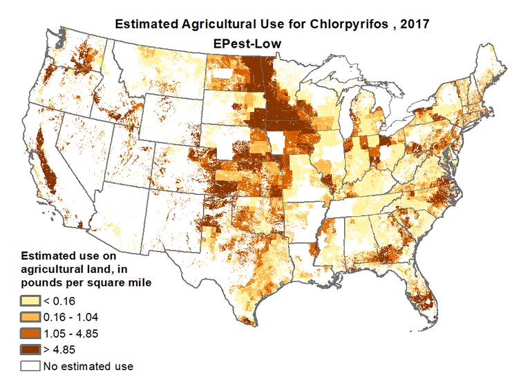 地图显示毒死蜱在美国农业的估计使用量