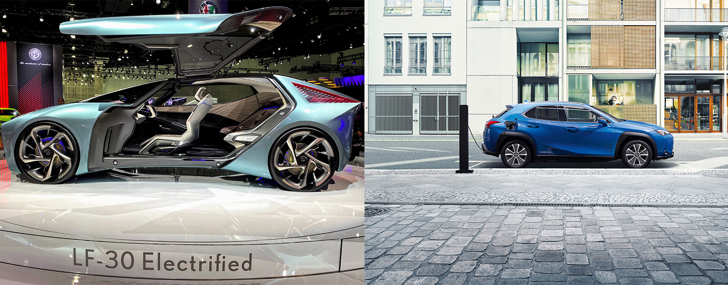 Left is the LF-30 Lexus Concept car displayed in Los Angeles; right is the Lexus UX300e battery electric crossoverLeft is the LF-30 Lexus Concept car displayed in Los Angeles; right is the Lexus UX300e battery electric crossover