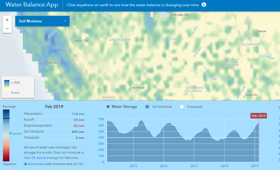 ArcGIS水平衡应用程序视图的土壤湿度在美国西部