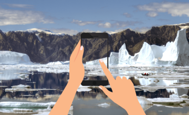 Melting icebergs in Northeast Greenland with illustrated hand holding a phone.