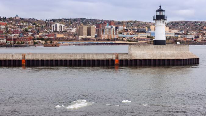 Duluth Lighthouse and Lake Superior in Duluth, Minnesota.