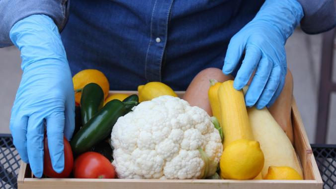 Fresh produce handled by someone wearing disposable gloves.