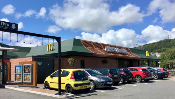 McDonalds restaurant and drive-thru in Swansea, U.K. on July 31, 2018.