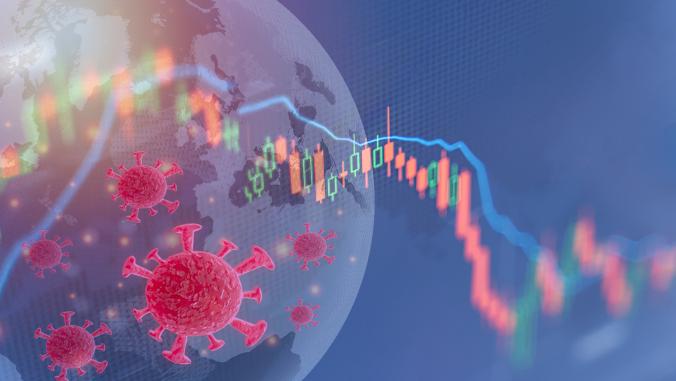 随着经济数字和COVD-19病毒地球图像