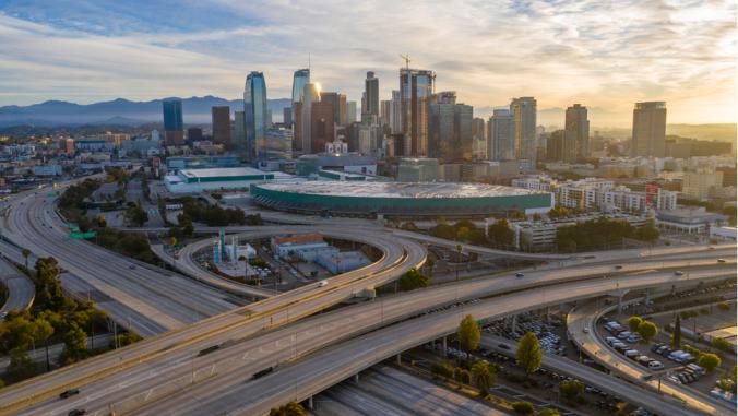 Aerial view of empty freeway streets with no people in downtown Los Angeles, California