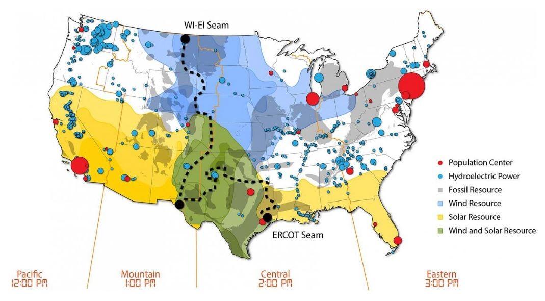 美国地图显示了这个国家的电力系统