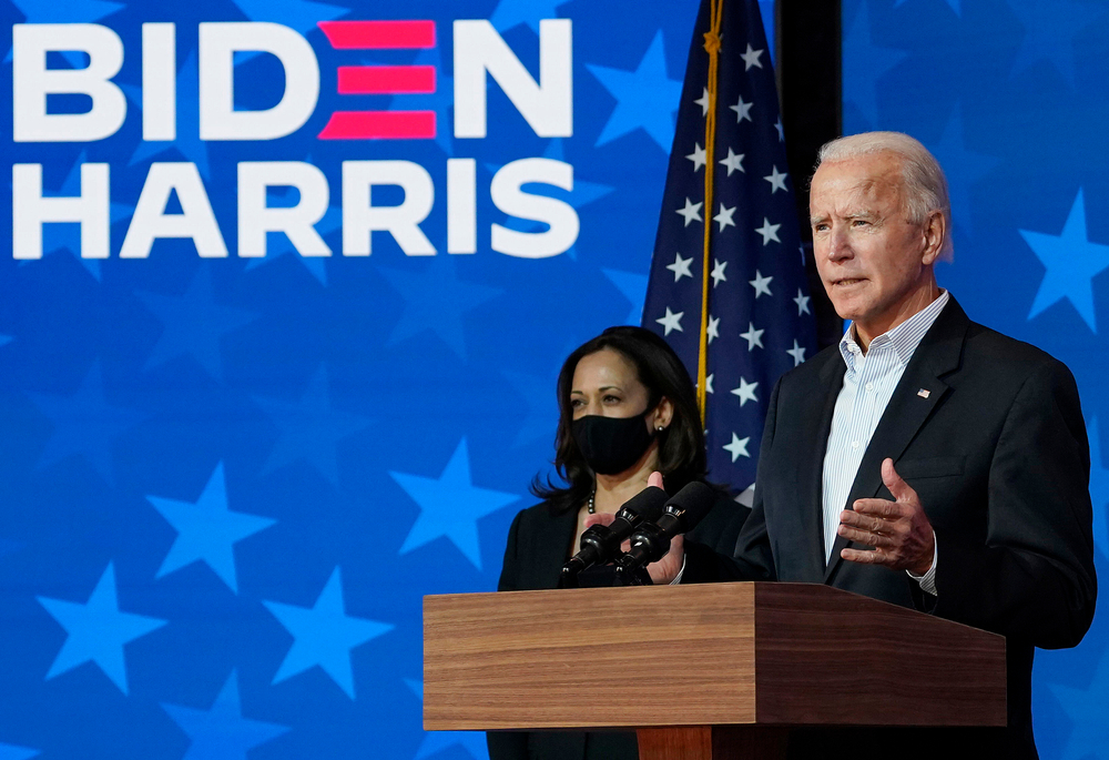 President-elect Joe Biden and vice president-elect Kamala Harris on stage at the Queen Theater in Wilmington, Delaware during the 2020 election campaign.