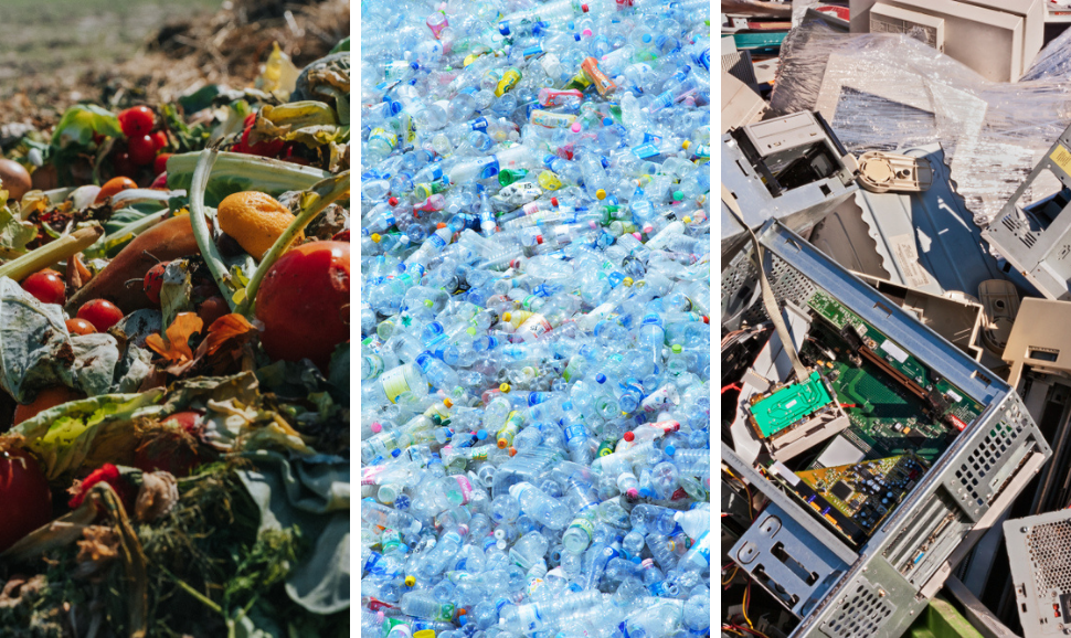 三列图像显示三种不同类型的废物。从左到右依次是食物垃圾、塑料垃圾和电子垃圾