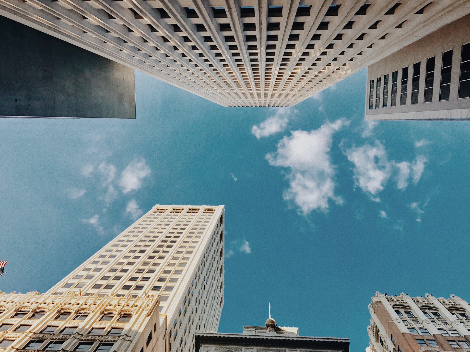 Skyscrapers, viewed from the ground up.