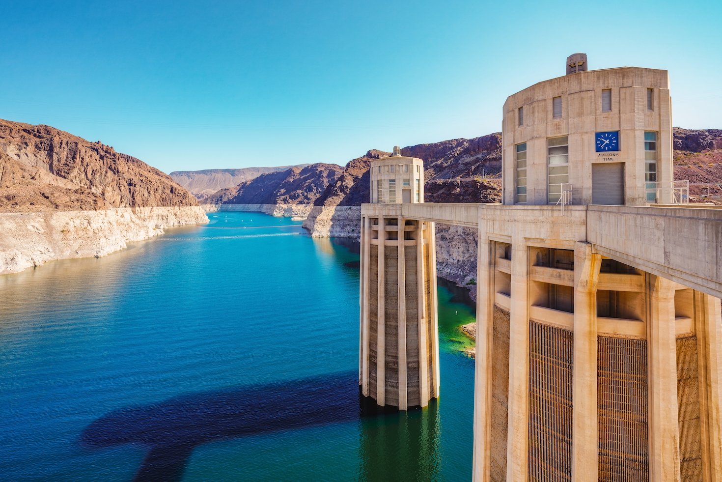 Hoover Dam showing historically low water levels in October 2021.