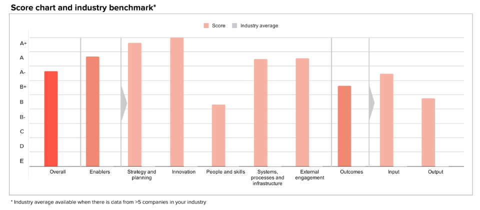 A sample score chart and industry benchmark from Circulytics