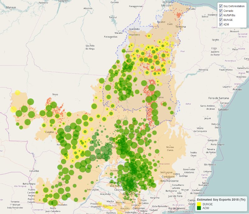 使用Trase数据绘制的地图显示了巴西塞拉多大豆出口的起源。