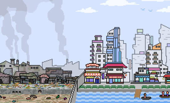 像素化城市的贫富双方的卡通形象。