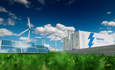 光伏，风力涡轮机和锂离子电池容器在自然，3D渲染。
