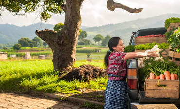 土著妇女和她的车充满了蔬菜在危地马拉的农村地区
