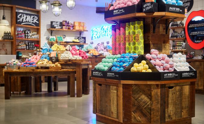Inside of a Lush store, which sells cosmetics