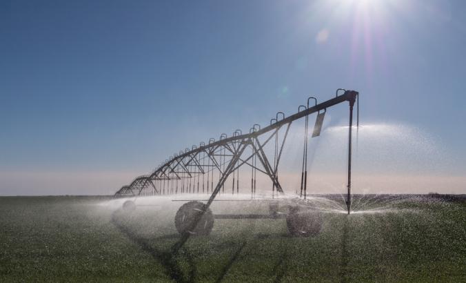  A center-pivot sprinkler irrigates wheat fields in drought-stricken western Kansas