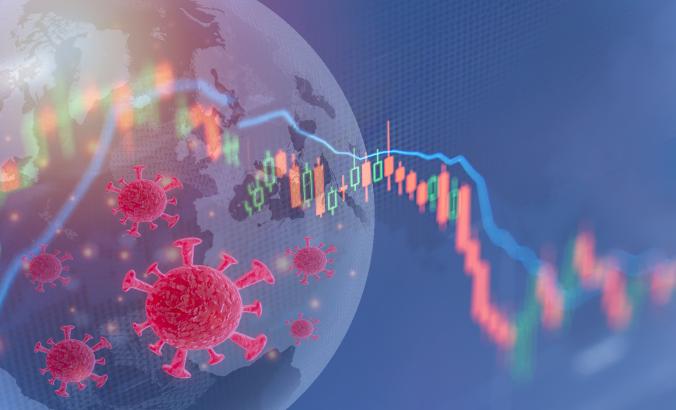 Image of earth with economic numbers and COVD-19 virus