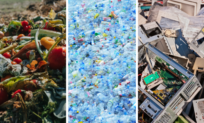 三个列图像显示三种不同类型的废物。从左到右，食物垃圾，塑料废物和电子废物