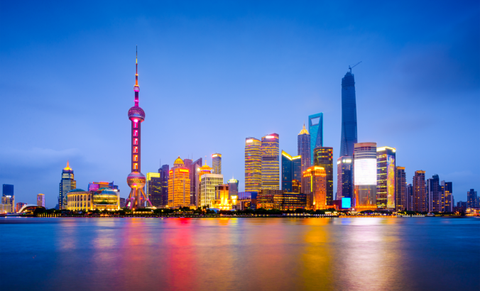 Shanghai, China city skyline on the Huangpu River.