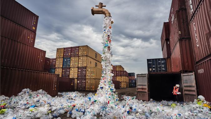 A spigot releases a torrent of bottles, jugs and bins appear that are pouring uncontrollably into the surrounding environment.