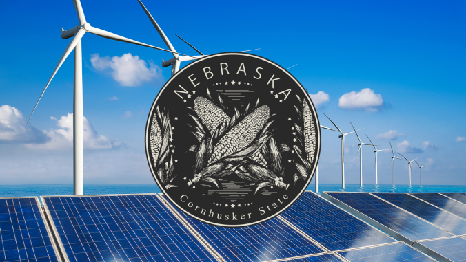 Windmill and solar panels background with Nebraska state coin