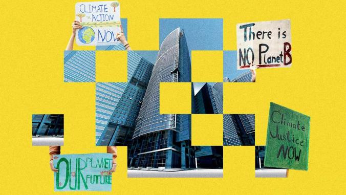 A collage to illustrate shareholder opposition to trade associations that oppose climate action