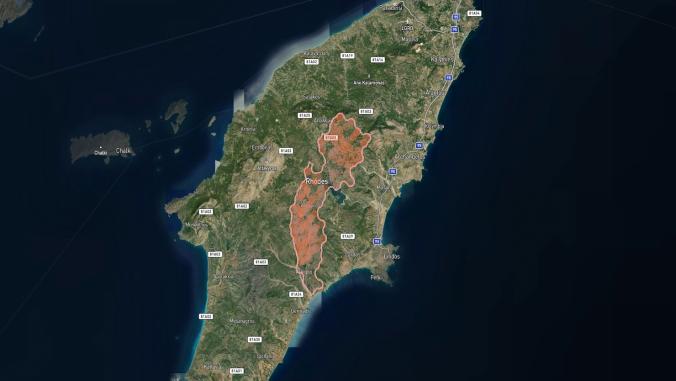 A satellite image showing a 2023 wildfire on the island Rhodes, Greece